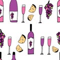 Hand drawn vector seamless pattern with cheese, wine glasses, bottles and grapes Royalty Free Stock Photo