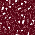 Hand drawn vector seamless pattern with cheese, wine glasses, bottles. Sketch drawing