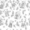 Hand drawn vector seamless pattern with Christmas cute animals in Scandinavian style. Coloring page Royalty Free Stock Photo