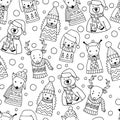 Hand drawn vector seamless pattern with Christmas cute animals in Scandinavian style. Coloring page Royalty Free Stock Photo