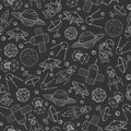 Hand drawn vector seamless pattern with cosmonauts, satelites Royalty Free Stock Photo