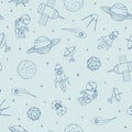 Hand drawn vector seamless pattern with cosmonauts, satelites, rockets, planets, moon, falling stars and UFO. Royalty Free Stock Photo