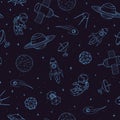 Hand drawn vector seamless pattern with cosmonauts, satelites, rockets, planets, moon, falling stars and UFO.