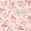 Hand drawn vector seamless pattern with cupcakes and muffins wit