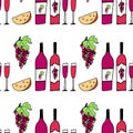Hand drawn vector seamless pattern with doodle barrels, tasty cheese, wine glasses, bottles and grapes. Sketch drawing Royalty Free Stock Photo