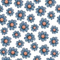 Hand drawn vector seamless pattern with doodles illustrations. Blue flowers with petals, daisies. Decorative floral background Royalty Free Stock Photo