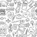 Hand drawn vector seamless pattern with doodles illustrations. Decorative background