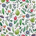 Hand drawn vector seamless pattern with doodles illustrations. Flowers and plants. Decorative floral background Royalty Free Stock Photo