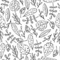 Hand drawn vector seamless pattern with doodles illustrations. Flowers and plants. Decorative floral background Royalty Free Stock Photo