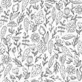 Hand drawn vector seamless pattern with doodles illustrations. Flowers and plants. Decorative floral background Royalty Free Stock Photo