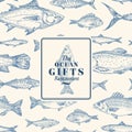 Hand Drawn Vector Seamless Pattern. Fish Package Card or Cover Template with Sea Bass Ocean Gifts Emblem. Herring