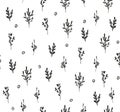 Hand drawn vector seamless pattern with floral elements and dots. Hand drawn black brunches upon white background. Simple Royalty Free Stock Photo