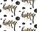 Hand drawn vector seamless pattern with Happy word ink lettering