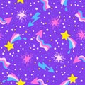 Hand drawn vector seamless pattern of neon stars and meteorites on night sky. Stylized other space in neon pink and