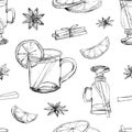 Hand drawn vector seamless pattern with popular winter alcoholic beverage. Mulled wine with spices and citrus fruit