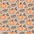 Seamless pattern of pumpkin, roll bun, cinnamon and apple pie on brown background. Royalty Free Stock Photo