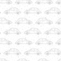 Hand drawn vector seamless pattern with retro cars outline on th