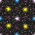 Hand drawn vector seamless pattern of shiny neon stars on black night sky. Stylized outer space in neon pink and purple Royalty Free Stock Photo