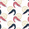 Hand drawn vector seamless pattern with shrimp and lemon slices isolated on white background with bubbles. Illustration for menu