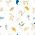 Hand drawn vector seamless pattern of spotted dinosaurs and striped clouds.