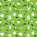 Hand drawn vector seamless pattern - tea, cups and