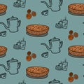 Hand drawn vector seamless pattern of tea pot, roll bun, candles and apple pie. Royalty Free Stock Photo