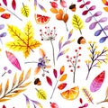 Hand drawn vector seamless pattern. Watercolor forest leaves and berries. Autumn abstract botanical branches. Guelder