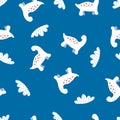 Hand drawn vector seamless pattern of white dinosaurs and striped clouds.