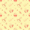Hand drawn vector seamless patterns with outlines sweets and tea Royalty Free Stock Photo