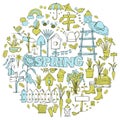 Hand-Drawn Vector Doodle Set On Spring Theme With Flowers, Garden Tools, Birdhouses Royalty Free Stock Photo