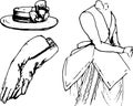 Hand drawn vector set: elegant vintage clothes - variety of retro fashion illustrations. Vintage stylized sketch, retro woodcut