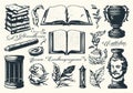 Hand-drawn vector set of literature elements in engraving style, including inkwell, writing tools, books, ancient manuscripts,