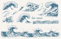 Hand-drawn vector set of ocean waves, including storm waves, tides, and beach waves, in a vintage sketch style Royalty Free Stock Photo