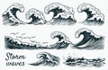 Hand-drawn vector set of ocean waves, including storm waves, tides, and beach waves, in a vintage sketch style Royalty Free Stock Photo