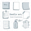 Hand drawn vector set of paper sheet, pack of paper, tag, sticky note, notepad page with pin, scotch tape and paperclip. Doodle st Royalty Free Stock Photo