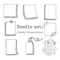 Hand drawn vector set of paper sheet, pack of paper, tag, sticky note, notepad page with pin, scotch tape and paperclip. Doodle st