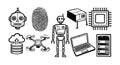 Hand drawn vector set of robot head, humanoid robot, fingerprint, drone, laptop, cloud database, chip, server, and robotic vacuum Royalty Free Stock Photo