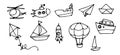 Hand Drawn vector set of transport elements Helicopter Submarine Balloon Rocket Black outline on white isolated Royalty Free Stock Photo