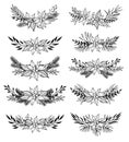 Hand drawn vector set of winter wreaths laurel, leaf, holly, f