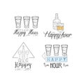 Hand drawn vector signs for cocktail bar or cafe. Original sketch style emblems with alcoholic beverages. Free drinks
