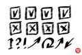 Hand drawn vector signs, marks, lines, crosses and checkboxes. Sings ans symbols set. Grungy marks collection. Elements