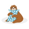 Hand drawn vector sitting cute sloth hug blue pillow with white dots. Scandinaian illustration of little animals in cartoons style