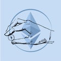 Hand drawn vector sketch cartoon doodle illustration - hand with coin on ethereum logo