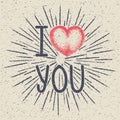 Hand drawn vector sketch illustration - creative vintage valentines day card design, heart with burst light rays, grunge