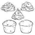 Hand-drawn vector sketch. Muffin builder. Various bases: plain chocolate chip and cookie chunks. Tempting cream on top. Design