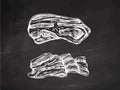 Hand-drawn vector sketch set of bacon, hamon or pork meat, ham slices on chalkboard background. Italian prosciutto vintage sketch