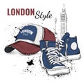 Hand drawn Vector sneakers and cap. London background. Vector illustration