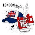 Hand drawn Vector sneakers and cap. London background. Vector illustration