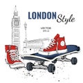 Hand drawn Vector sneakers and Skate. London background. Vector illustration