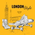 Hand drawn Vector sneakers and Skate. London background. Vector illustration